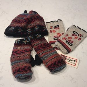 Hand knit hat and two pairs of gloves.